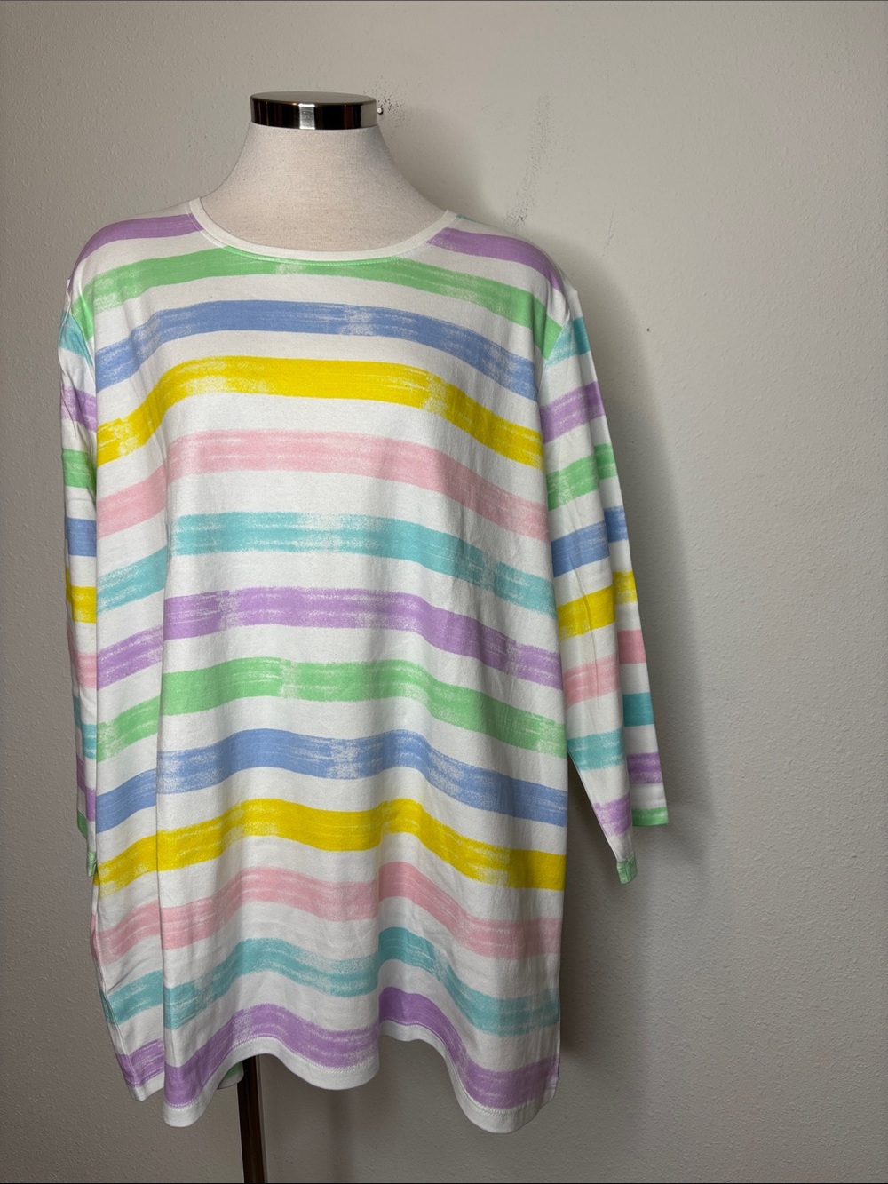 Kim Rogers Pastel Rainbow Stripe 3/4 Sleeve Top
